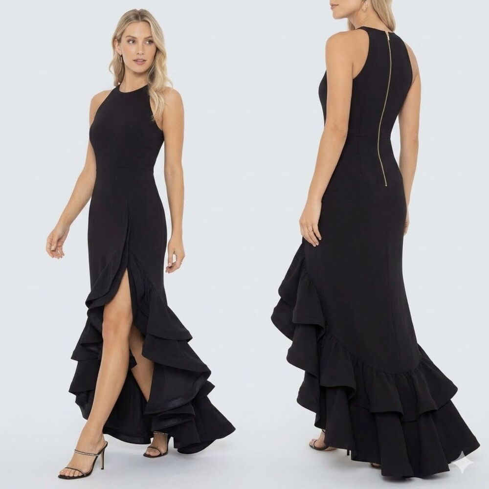 Betsy & Adam Long Dress 12 Gown Tail Ruffle Leg Slit Formal Event Gala Black